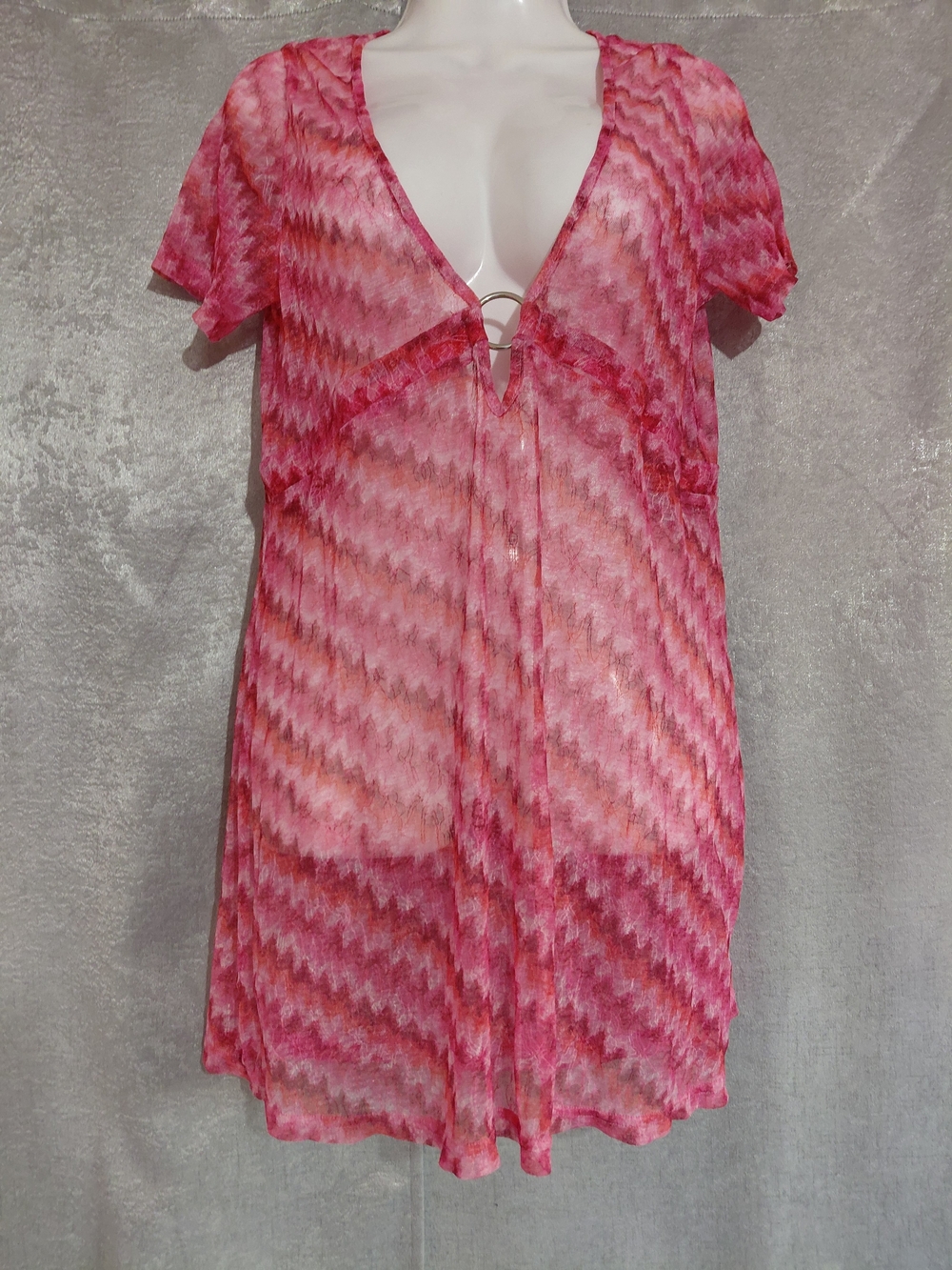Resortwear Pink Chevron Sheer Knit Swim Cover Up Dress Sz Xl Boho Chic